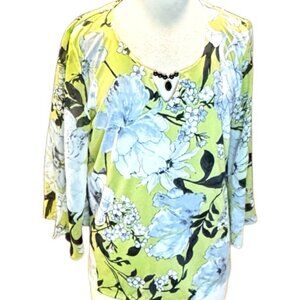 Sara Michelle NEW Green Floral Blouse Top Beaded Neckline Kimono Sleeves XL Airy